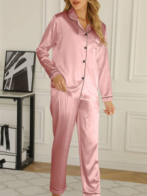 Amber-Louise | Dames satijnen pyjamaset met knoopsluiting en lange broek