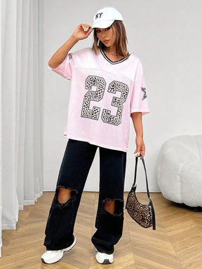 Ayla | Dames oversized mesh jersey shirt met V-hals en dierenprint
