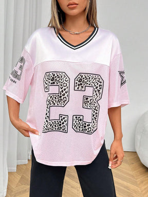 Ayla | Dames oversized mesh jersey shirt met V-hals en dierenprint