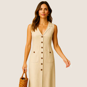 Monarch Eva midi-jurk – Elegante V-hals met knopen en zakken