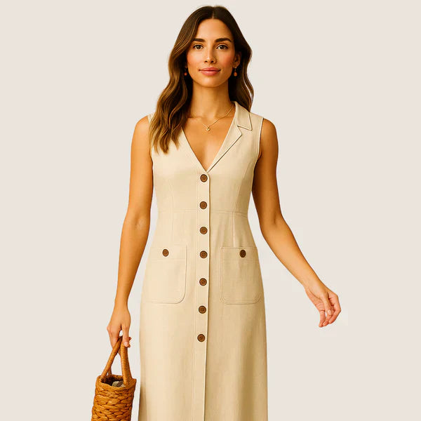 Monarch Eva midi-jurk – Elegante V-hals met knopen en zakken