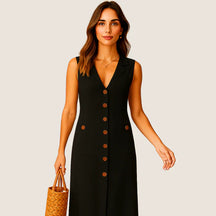 Monarch Eva midi-jurk – Elegante V-hals met knopen en zakken