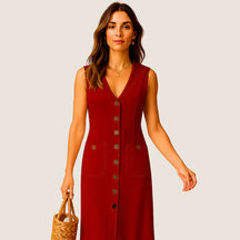 Monarch Eva midi-jurk – Elegante V-hals met knopen en zakken