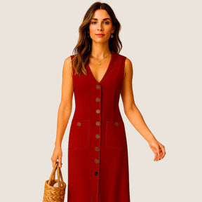 Monarch Eva midi-jurk – Elegante V-hals met knopen en zakken