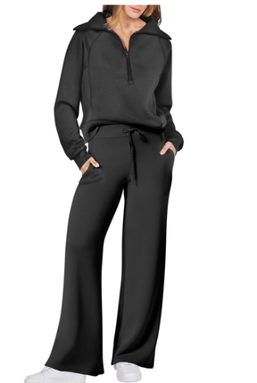 Senna | Dames tweedelige lounge set met kraagtrui en wijde broek met elastische tailleband
