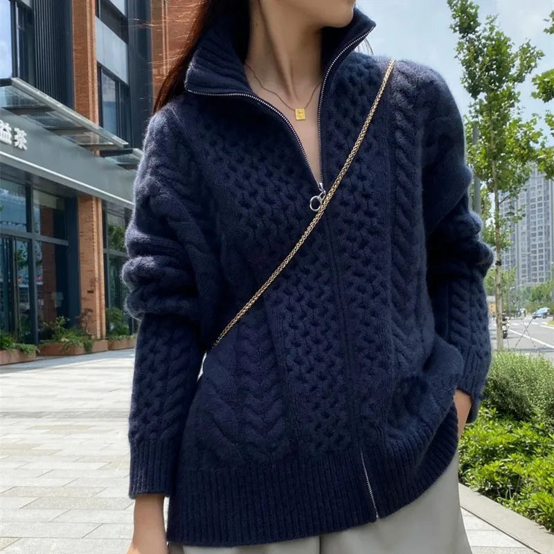 Marleen | Dames Gebreid Kabelvest met Ritssluiting en Wolmix