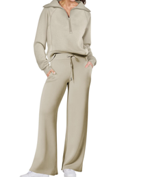 Senna | Dames tweedelige lounge set met kraagtrui en wijde broek met elastische tailleband