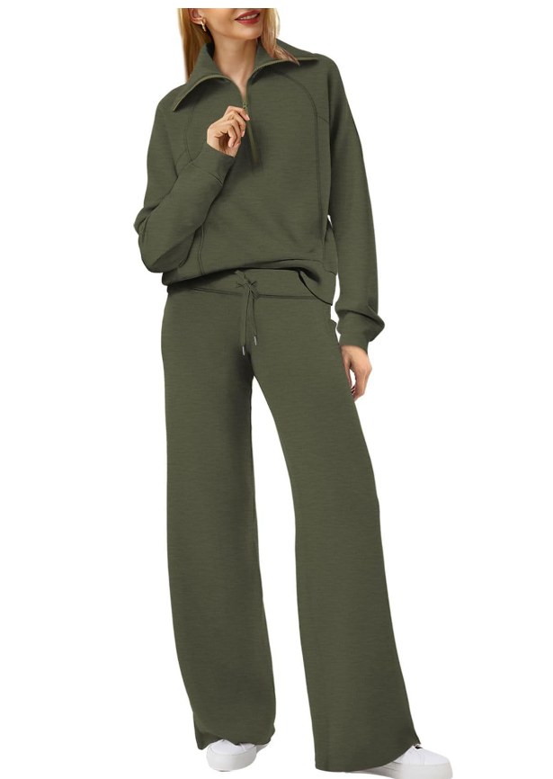 Senna | Dames tweedelige lounge set met kraagtrui en wijde broek met elastische tailleband