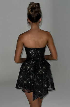 Katrina | Dames Schouderloze Minijurk met Glitterdetails en Uitlopende Rok