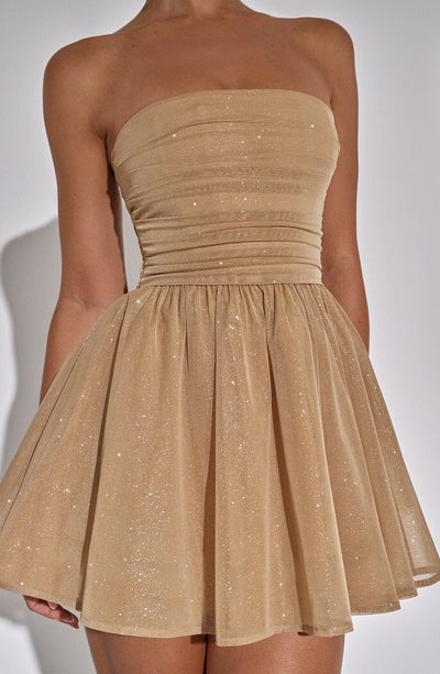 Katrina | Dames Schouderloze Minijurk met Glitterdetails en Uitlopende Rok