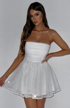 Katrina | Dames Schouderloze Minijurk met Glitterdetails en Uitlopende Rok