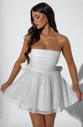 Katrina | Dames Schouderloze Minijurk met Glitterdetails en Uitlopende Rok
