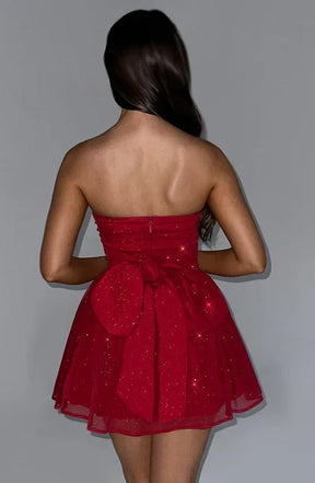 Katrina | Dames Schouderloze Minijurk met Glitterdetails en Uitlopende Rok